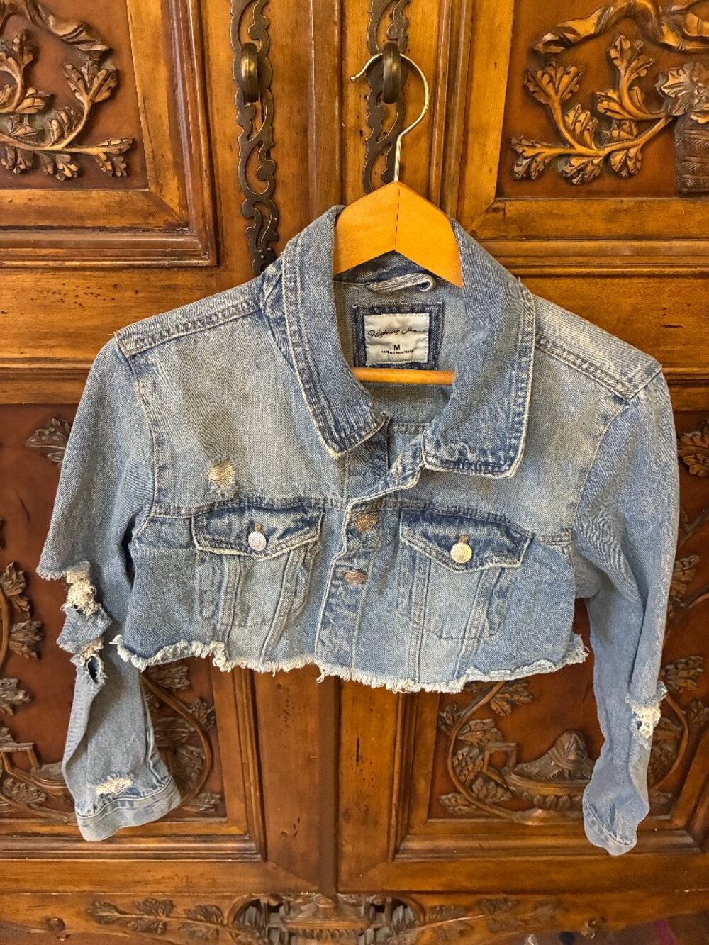 Highway Jeans Distressed Cutoff Crop Ripped Denim Blue Jean Trucker Jacket Med